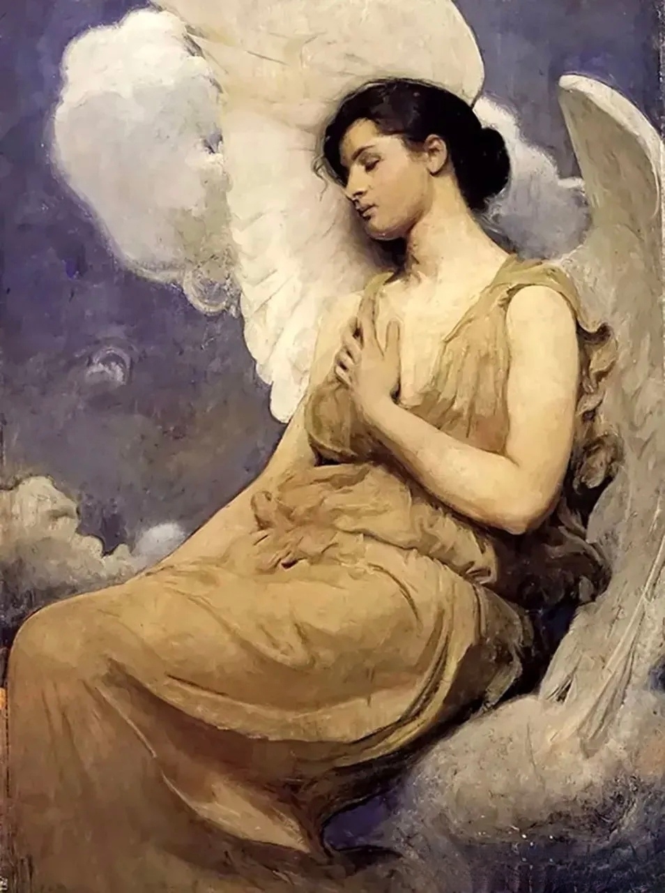 这幅画描绘了一个沉思的天使形象,可能代表了人类对更高境界的向往和