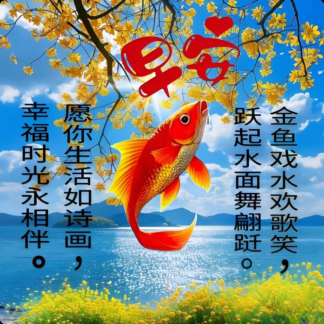 金鱼戏水欢歌笑, 跃起水面舞翩跹. 愿你生活如诗画, 幸福时光永相伴