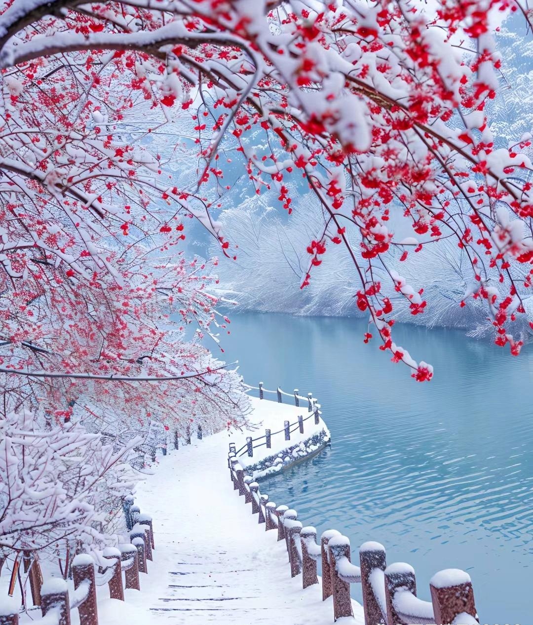 冬日暖阳,唯美雪景桃花朵朵开!