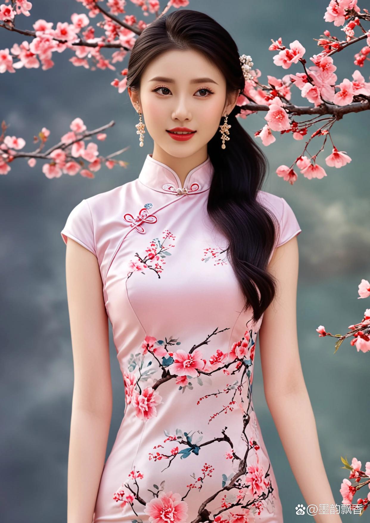 她身着粉色旗袍,梅花点缀其间,宛如画中仙子.