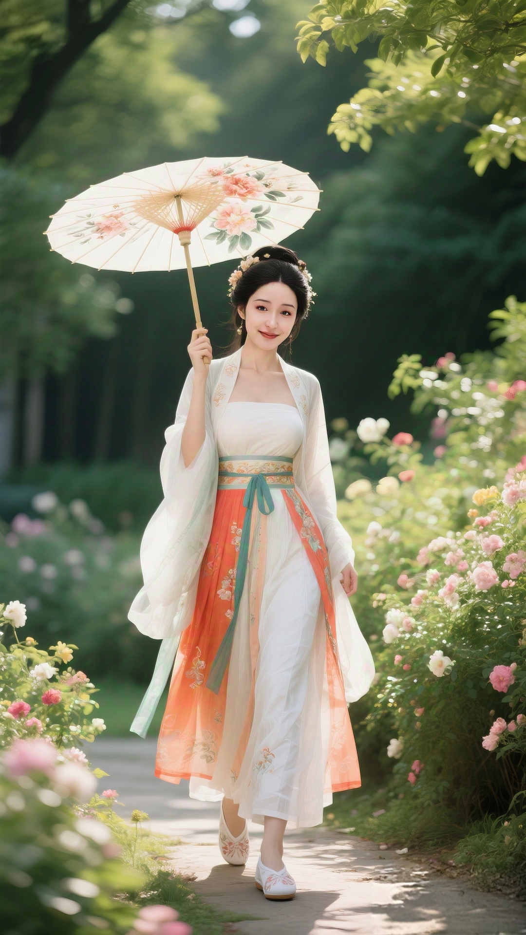 穿着古风服饰打着花伞的美丽女子,气质优雅动人,走在花园里,美得不可