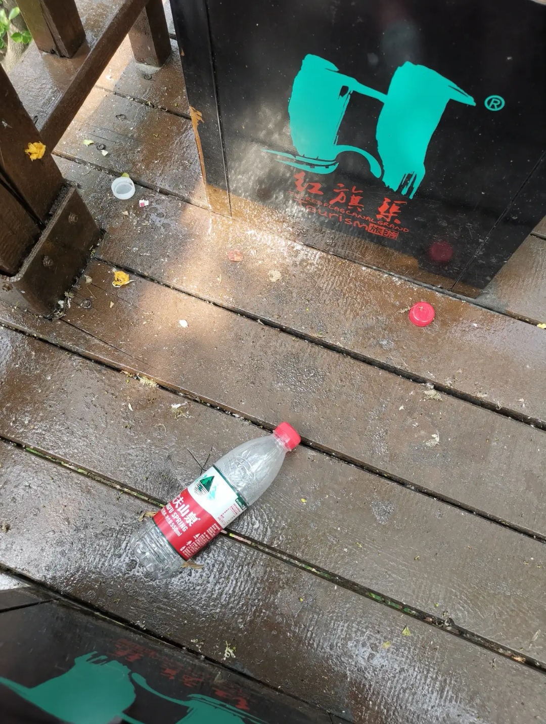 满地的鸡蛋皮,卫生纸,还有矿泉水瓶子,红色的