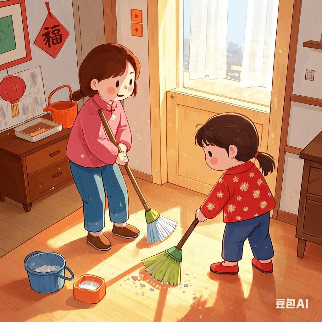 的卡通图片打扫房间清扫房间 插画一家四口大扫除春节打扫卫生怎么画