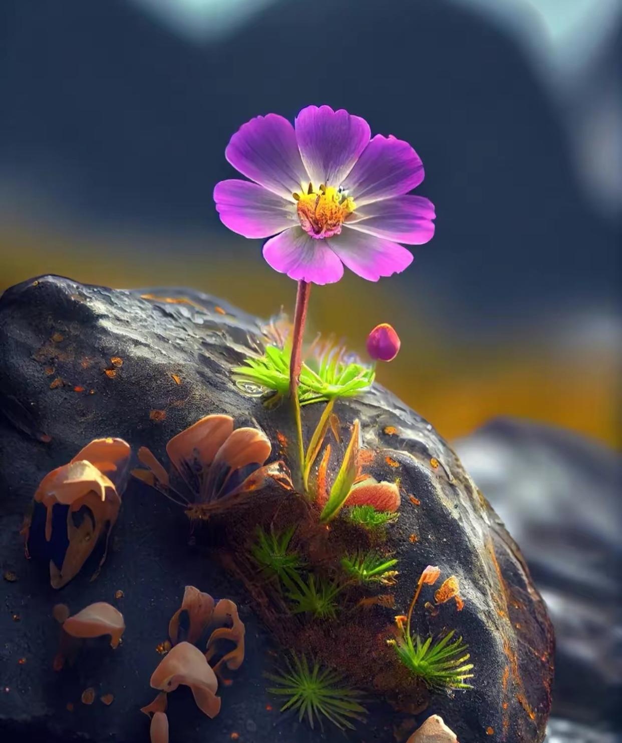 看,那美丽的朵小花,在岩石上独自傲立绽放,优雅而坚韧.