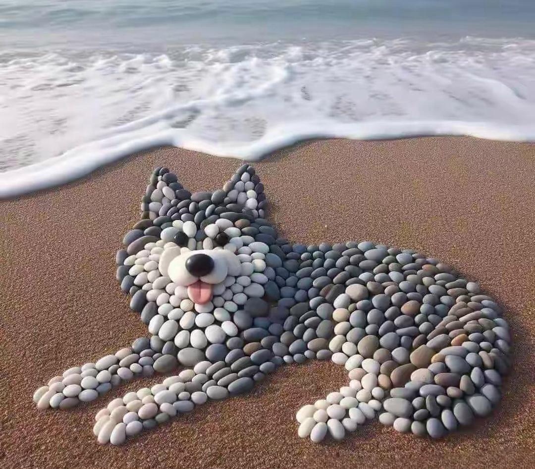 不知谁人在海边用普通的鹅卵石,摆出一只惟妙惟肖的小狗雕塑.