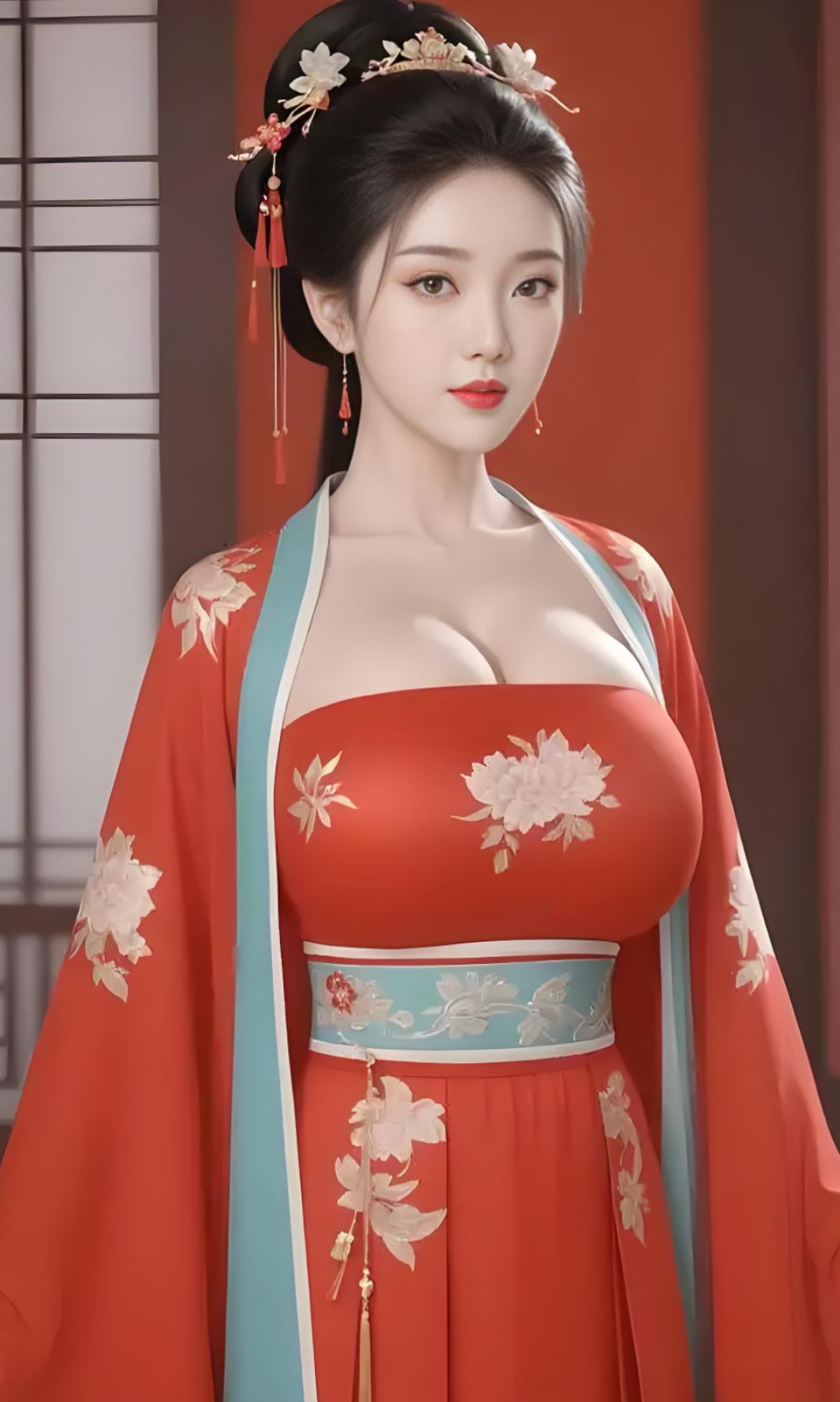她身着一袭明艳的红色唐制汉服,抹胸之上,精美的花卉刺绣栩栩如生,似