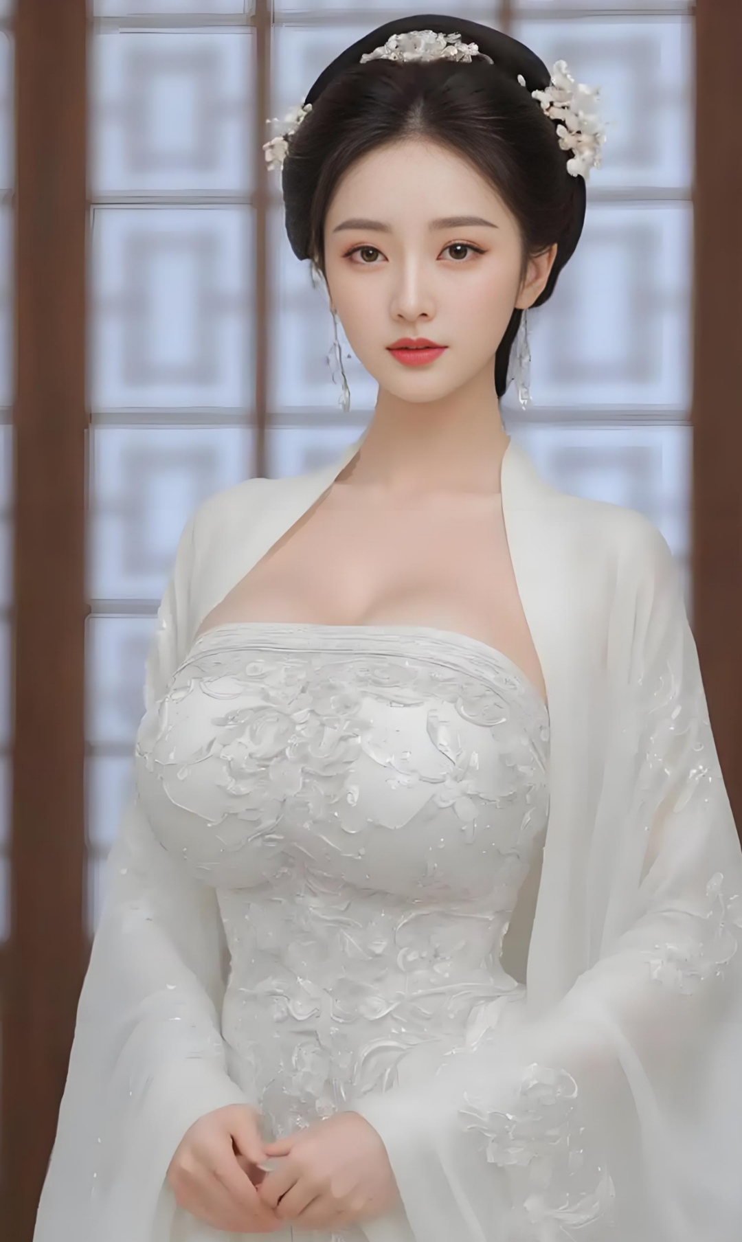 她似从古典画卷中徐徐走来,一袭白色抹胸华裳,精致的花卉刺绣栩栩如生