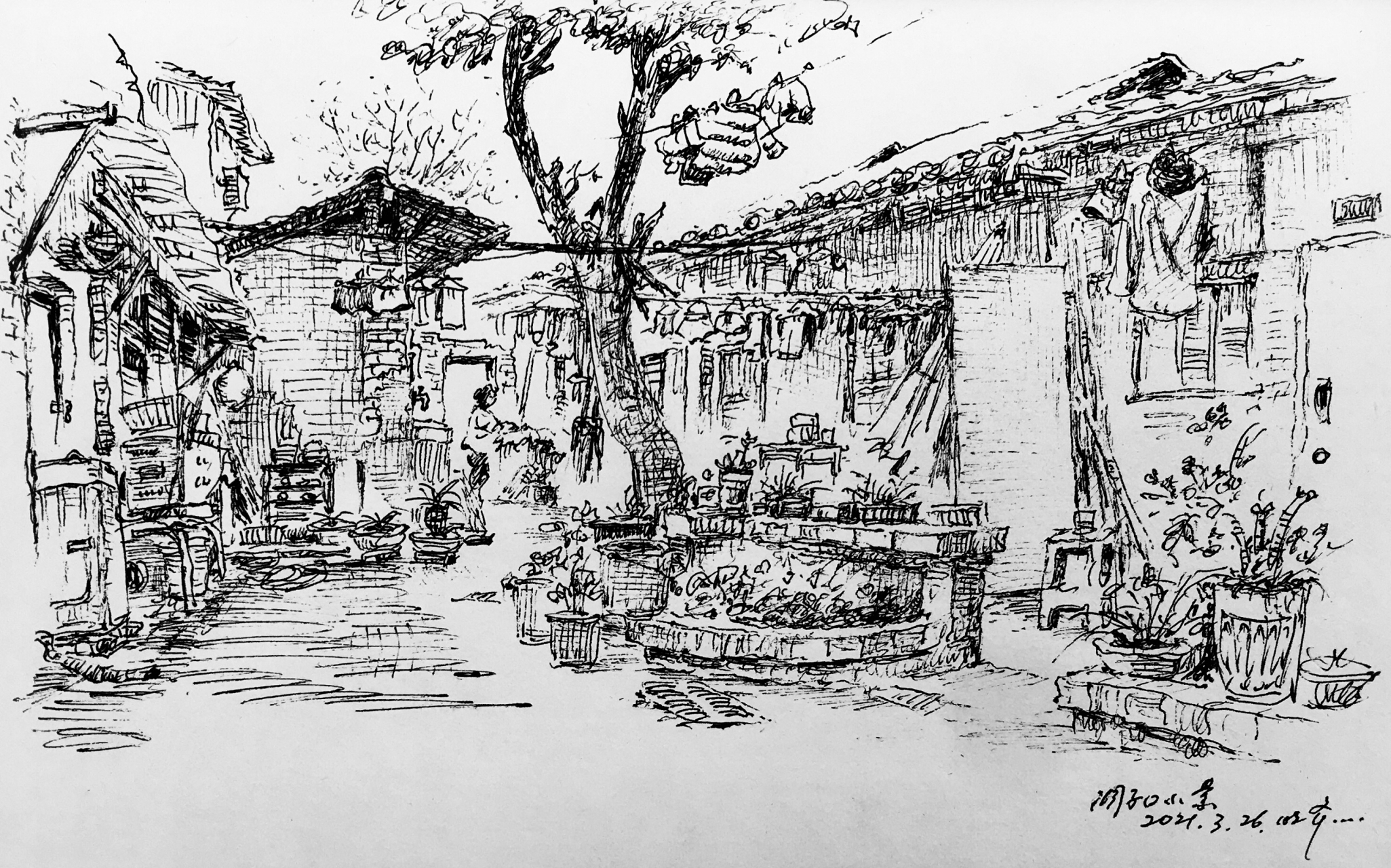 下午,与富骆麟,杨家驹老师洞子口喝茶,速写二幅.
