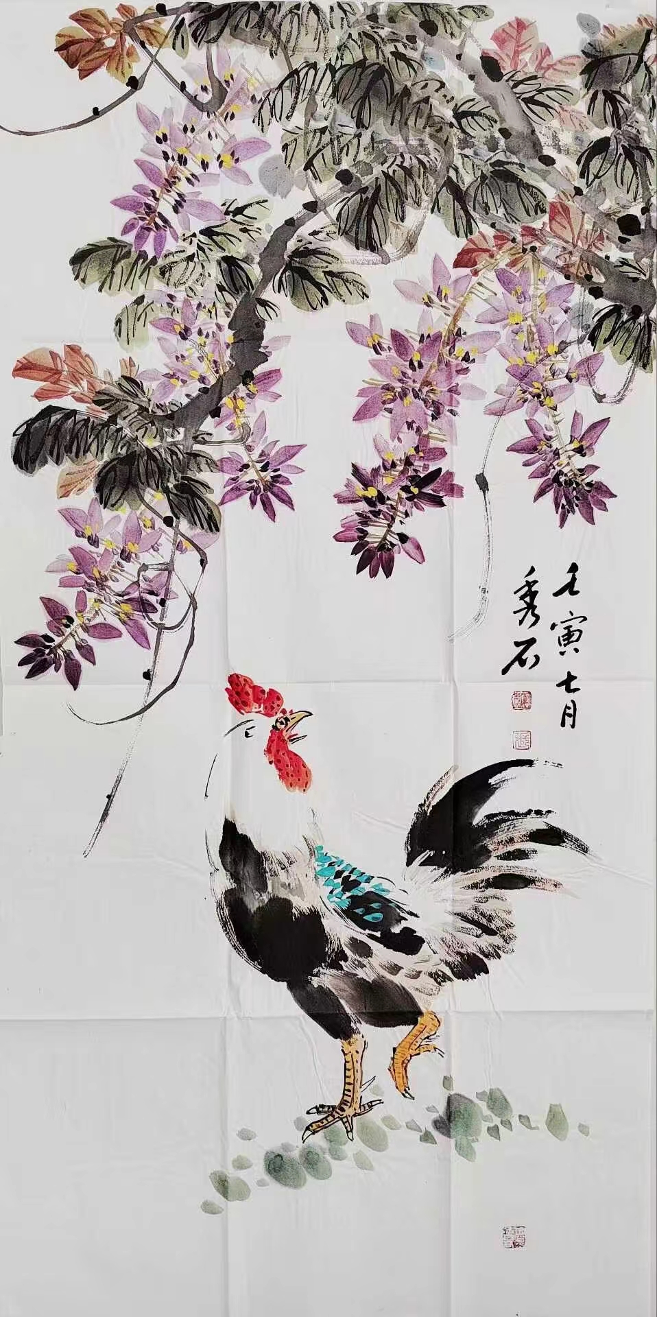当代实力派花鸟画家! 张国稳先生作品! 尺寸138/69 写意花鸟～紫藤鸡