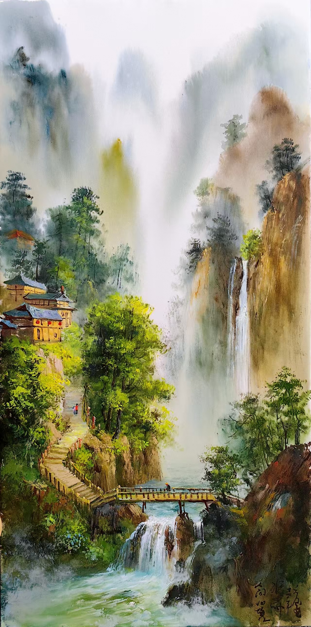 冯少帅老师这山水油画美得就像走进了仙境,桥边小亭子,流水潺潺,仿佛