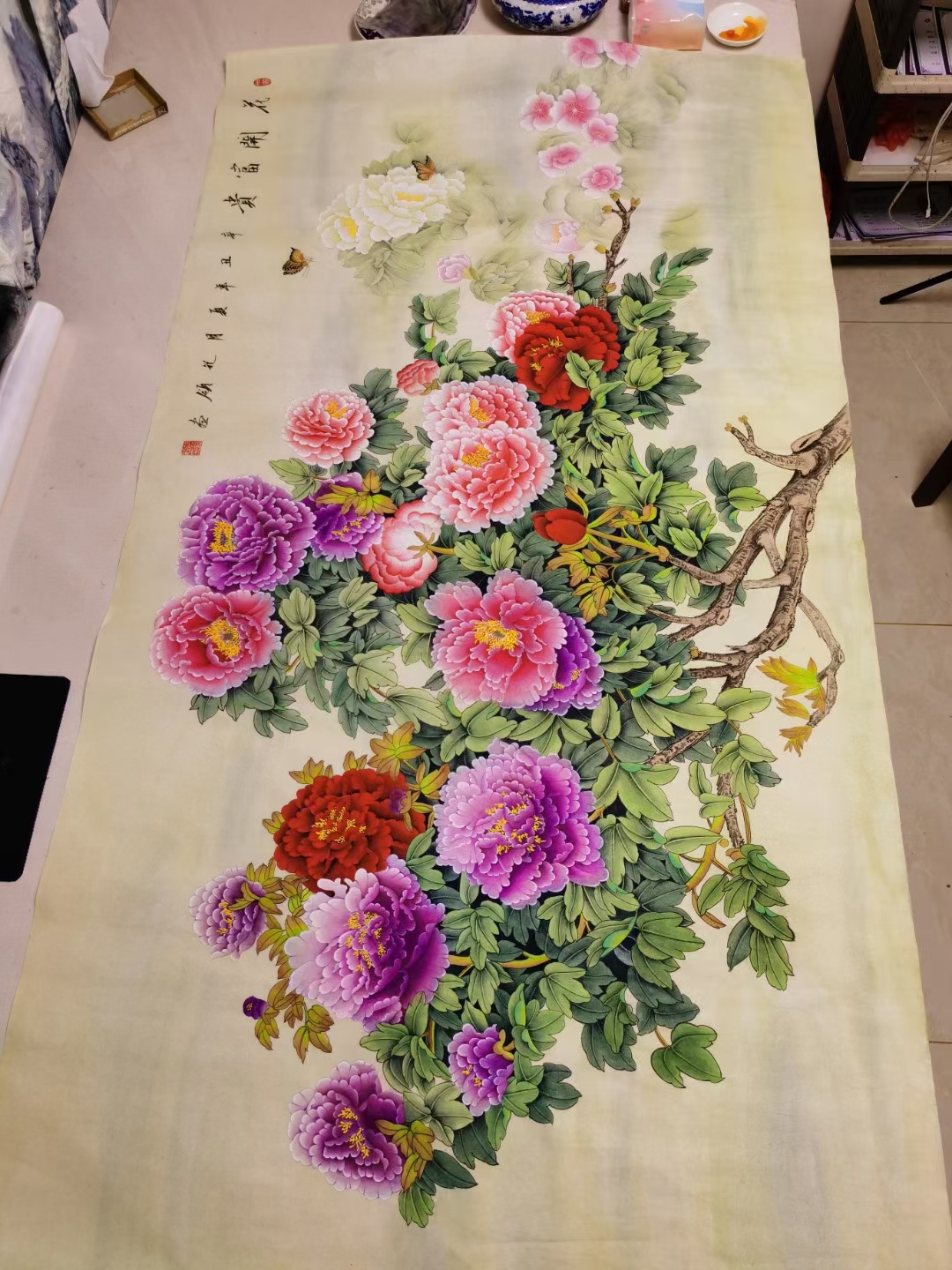 紫气东来,花开富贵. 六尺工笔牡丹,180/96厘米