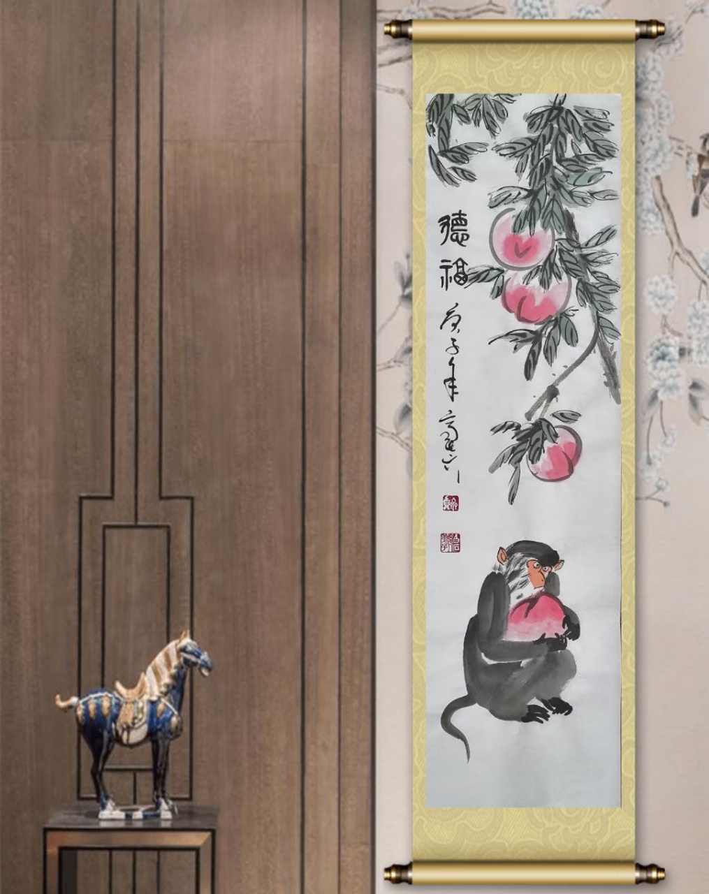 江南画猴人_齐真 国画作品《德福图 纸本未裱 110cm×31cm