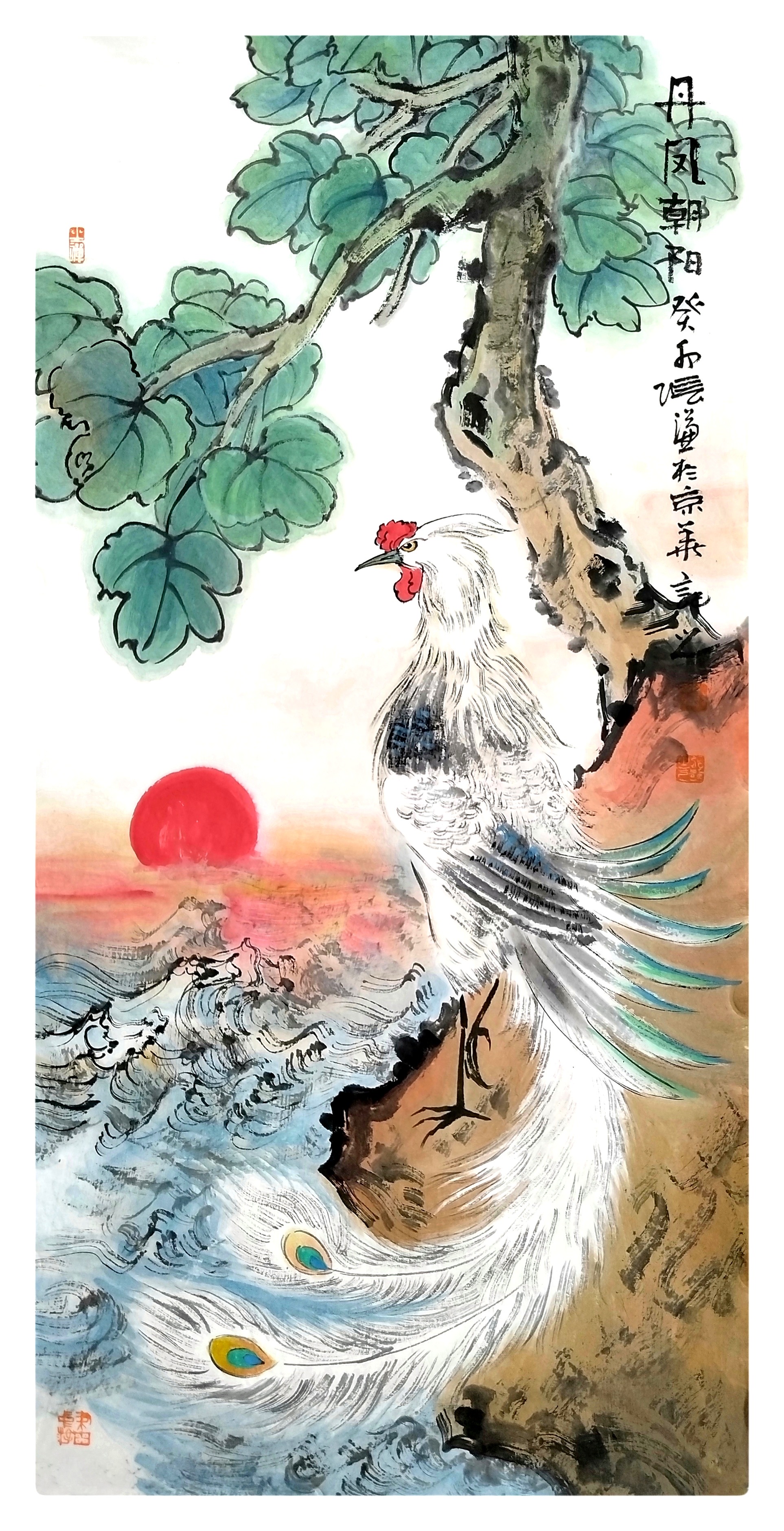 下午好[咖啡] 新作写意凤凰 丹凤朝阳图,尺寸40×80厘米