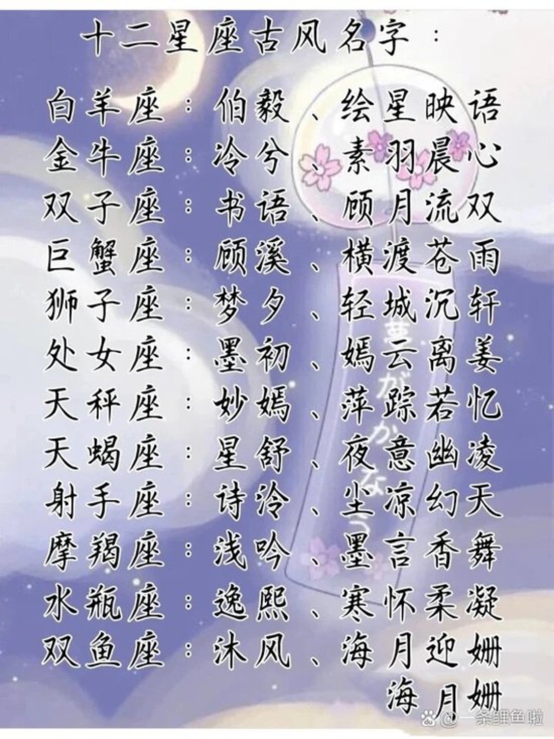 夜空中最亮的星,指引我前行,愿梦想成真. 十二星座古风名来喽!