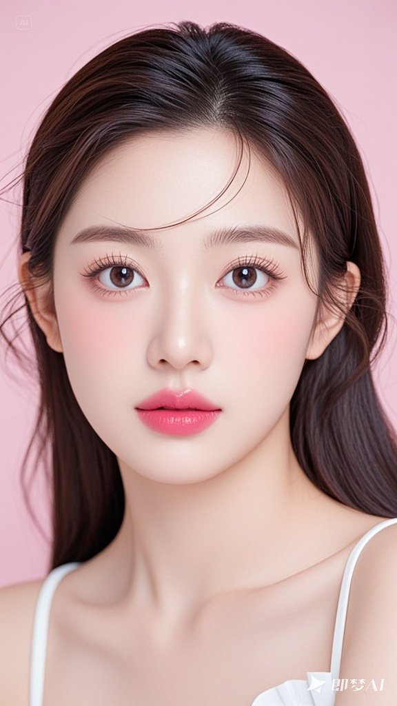 眸含星汉漾清光,眉若春山柳影长. 睫羽轻扬遮皎月,肌肤胜雪映晴阳