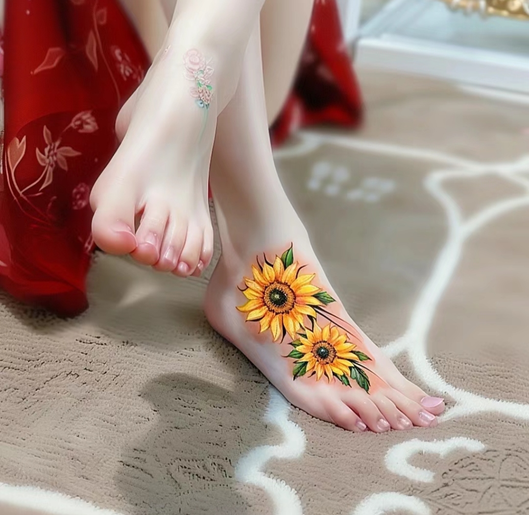 独特魅力,脚部向日葵纹身绽放光彩 看看这双迷人的脚,脚踝上方绽放着