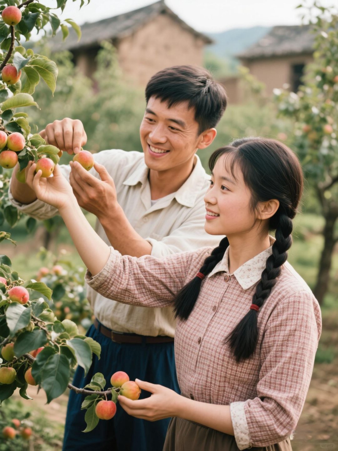 照片讲故事# 五十年代的秋日果园,阿强踩着木梯摘红透的苹果,小芳