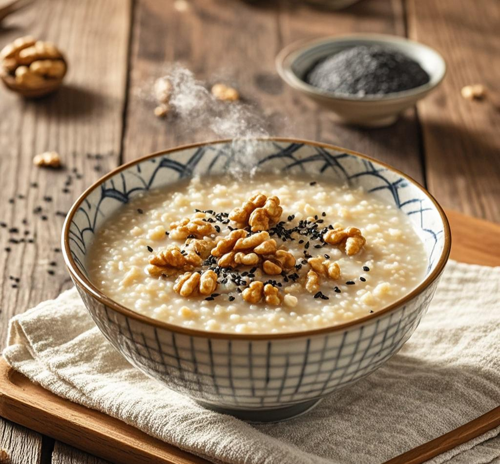 核桃健脑益智,芝麻乌发养颜.二者与香糯的米粥炖煮,香气扑鼻