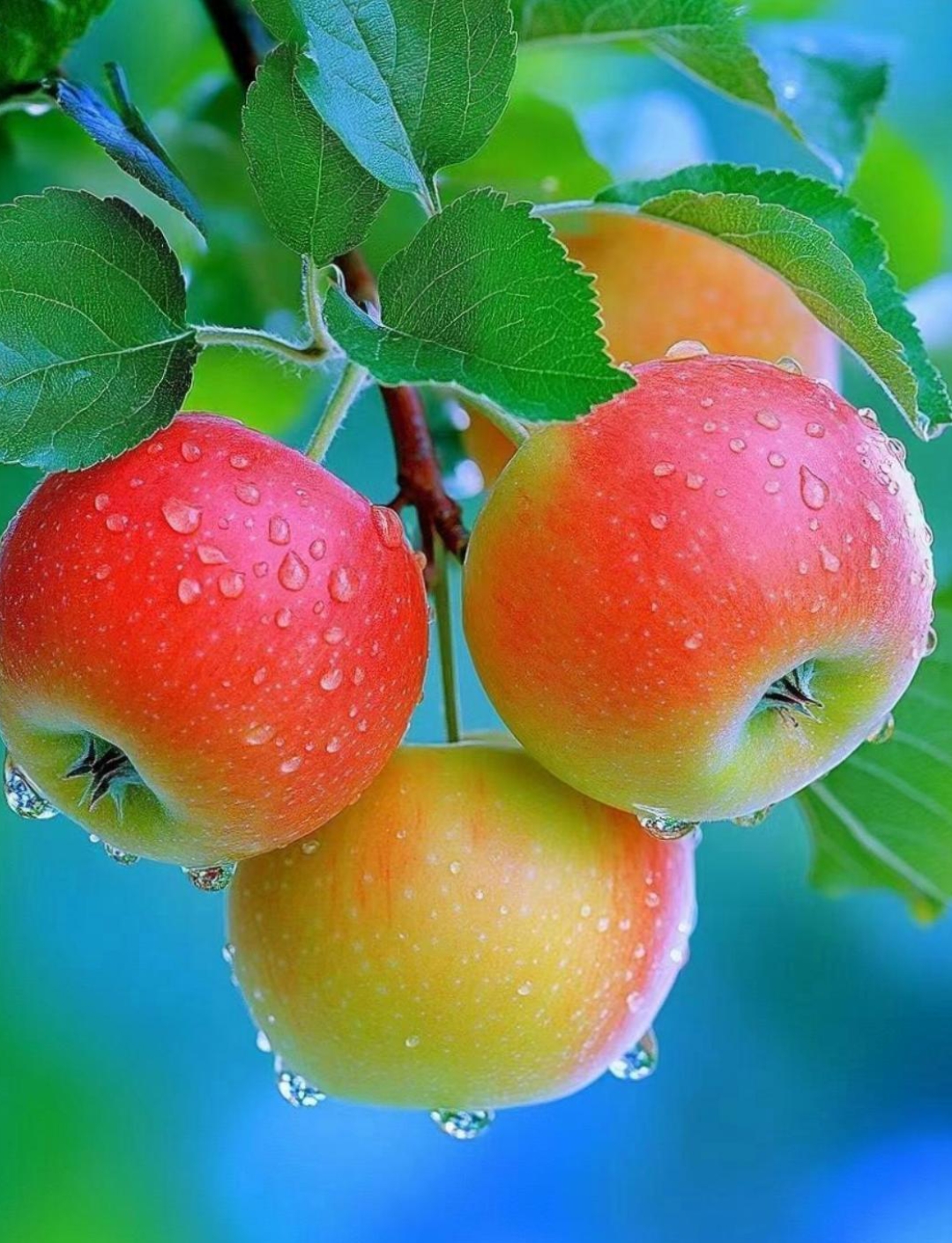 清晨的露珠滋润清新的苹果上犹如镶嵌的珍珠,述说大自然无尽的馈赠