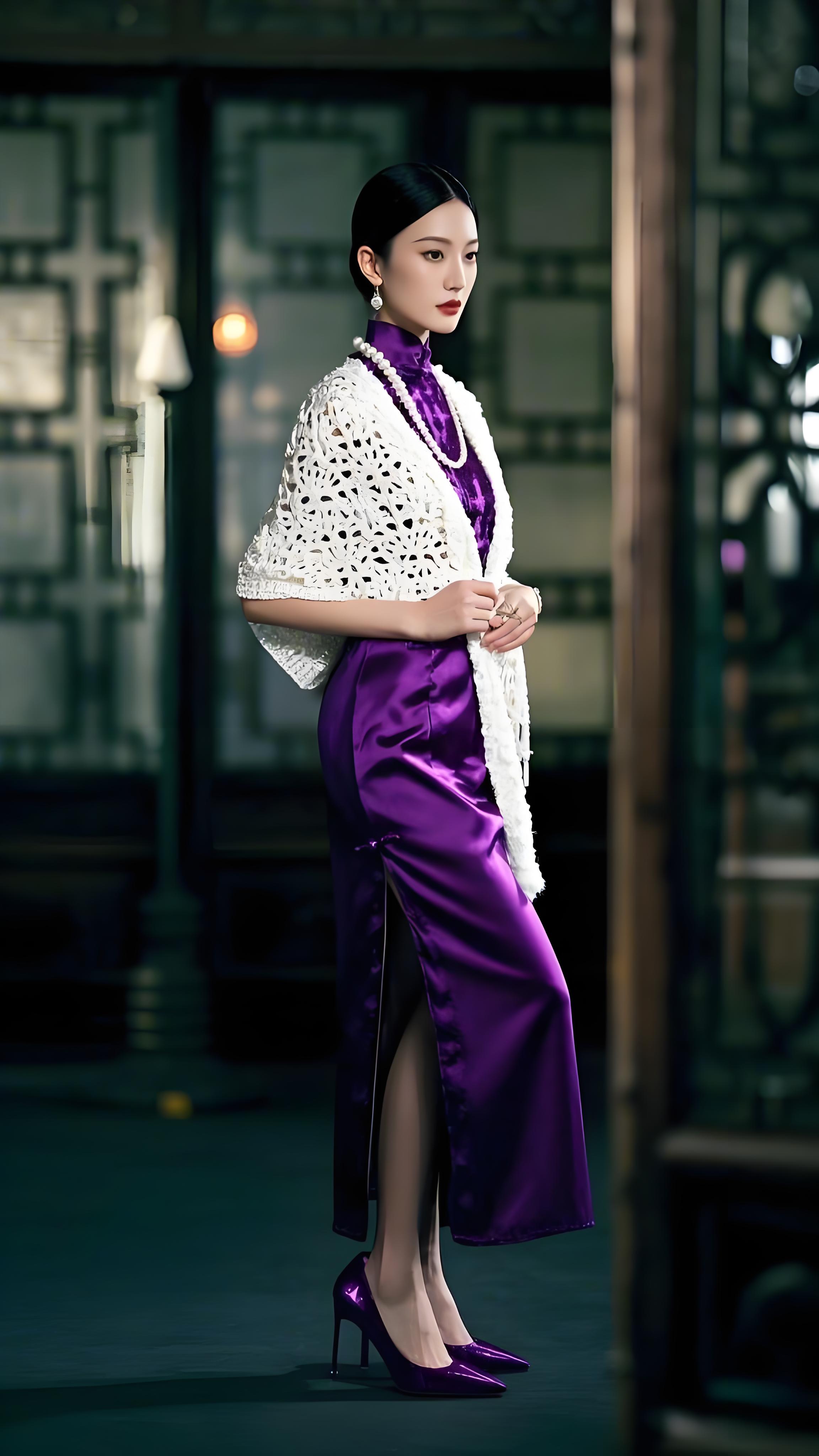 优雅紫罗兰色旗袍,搭配珍珠项链,端庄坐姿,仿佛时光穿越,回到旧时上海