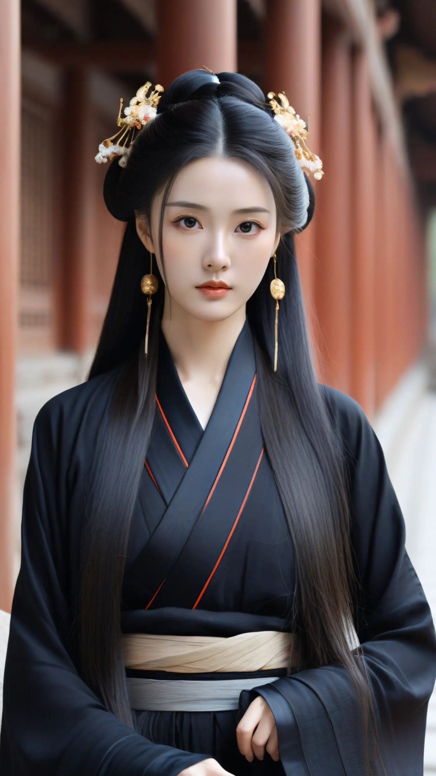 古风美人,一袭黑衣,静若处子,动若脱兔