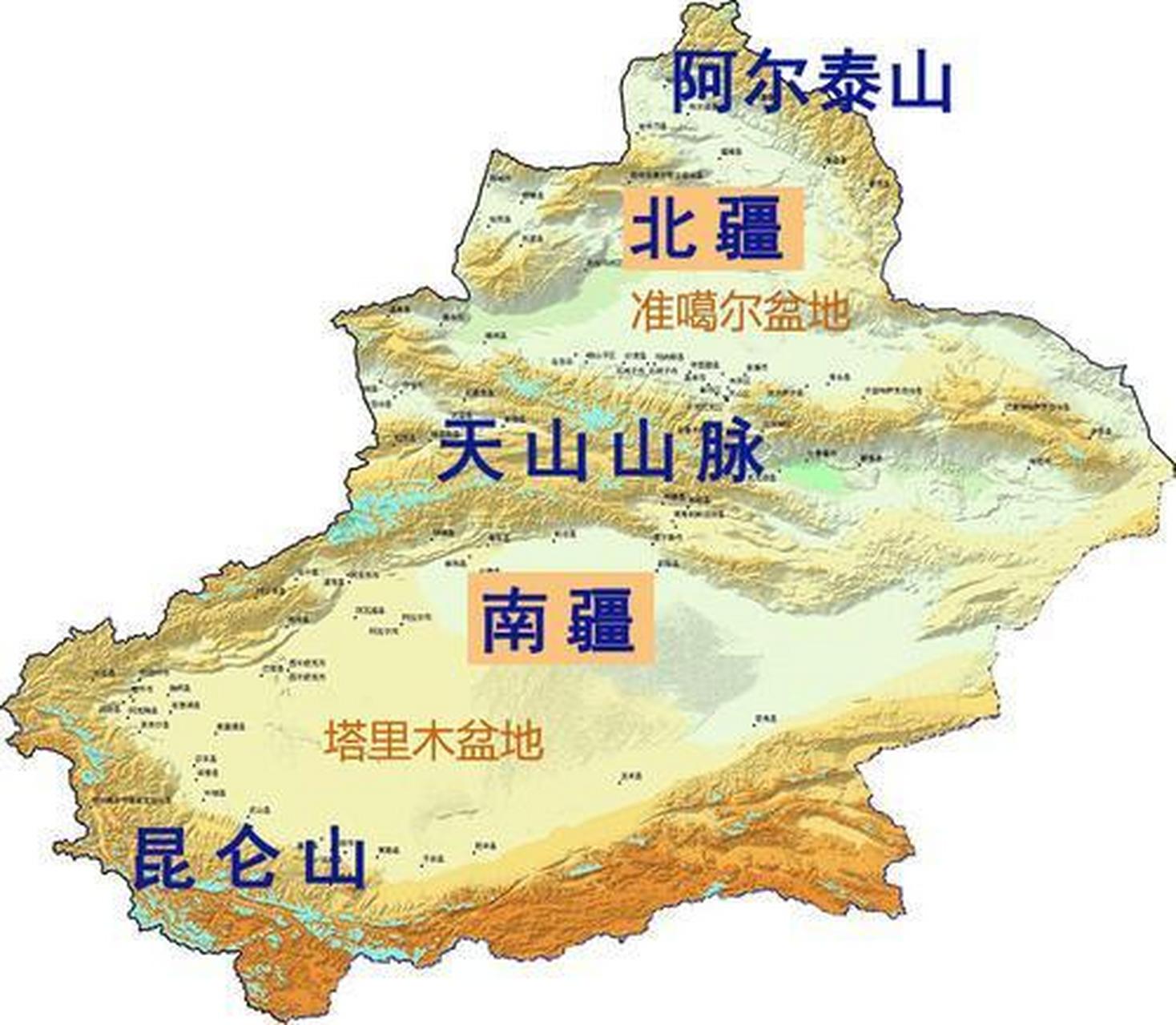 三山夹两盆 #文化地理#  "三山夹两盆"是新疆的地形特征,山脉与盆地