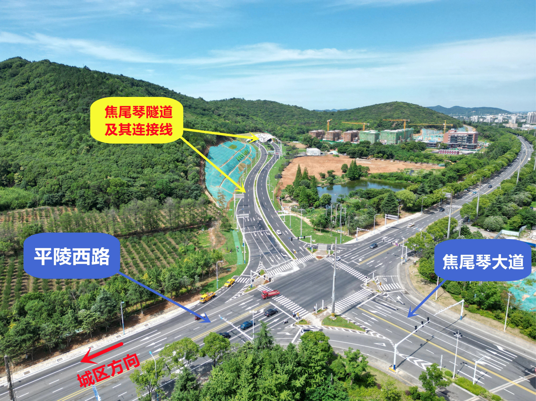 焦尾琴隧道及其连接线为城区主干道,双向4条机动车道,南起104国道