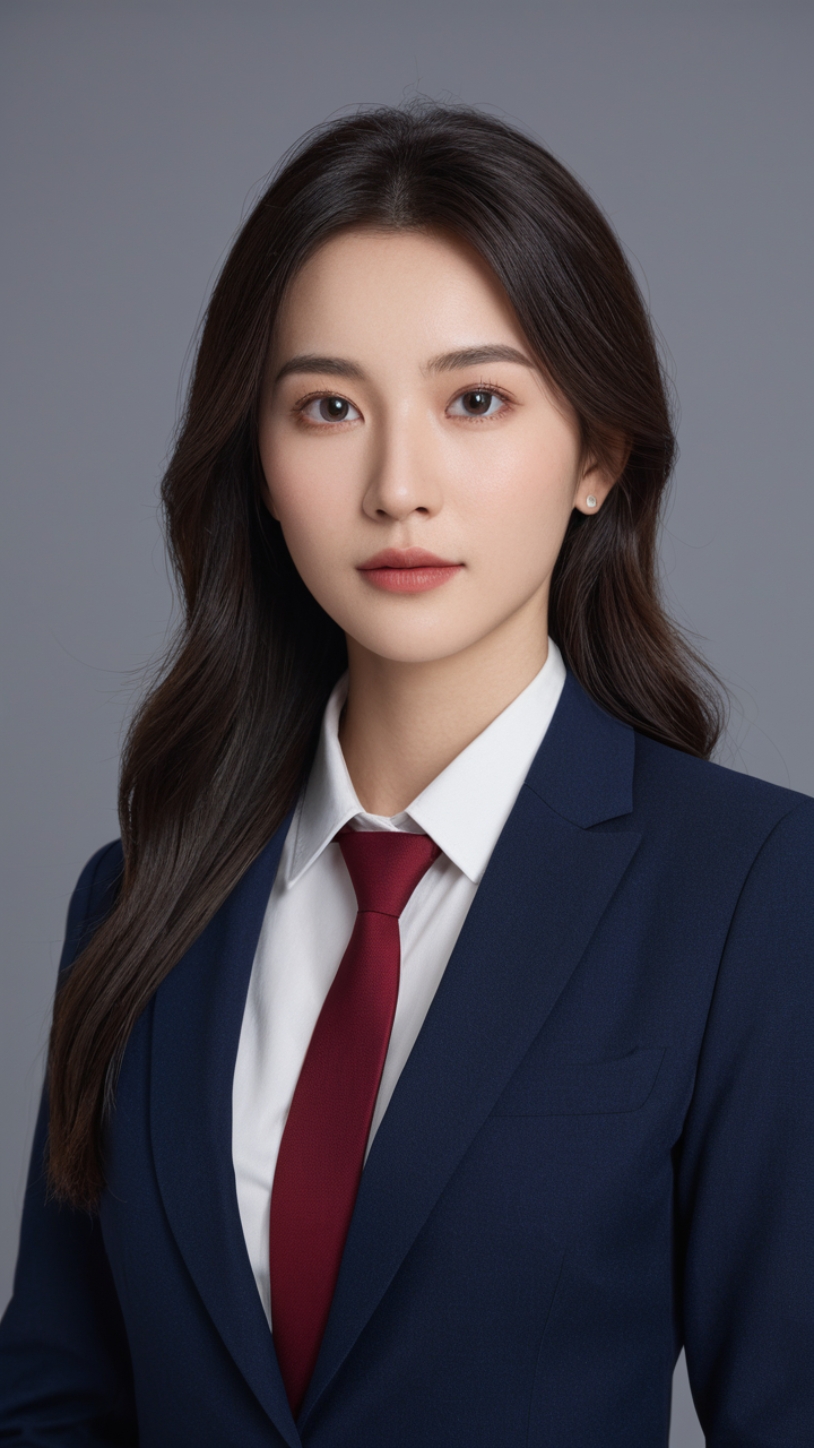 深蓝色西装外套,白色衬衫与红色领带交相辉映,这位商务女性的穿搭尽显