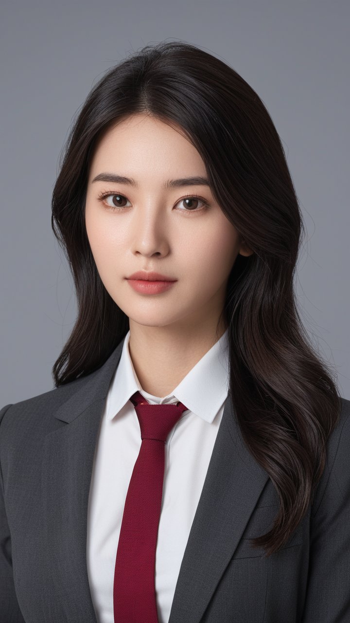 🖼️  在这张半身肖像中,她以一身正式的西装亮相,黑色外套与红色