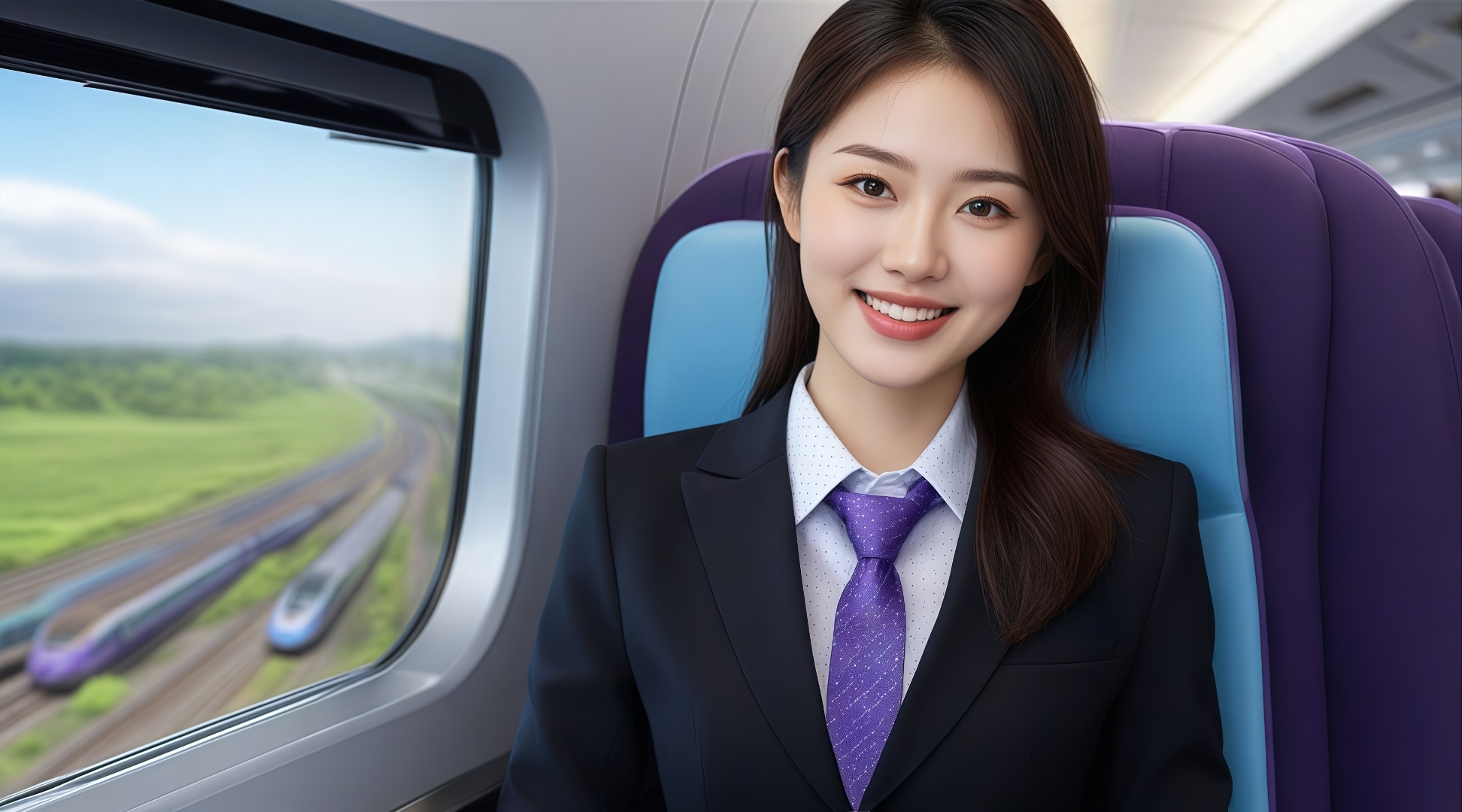 在疾驰的高铁上,一位小姐姐身着藏蓝西装,配以洁白