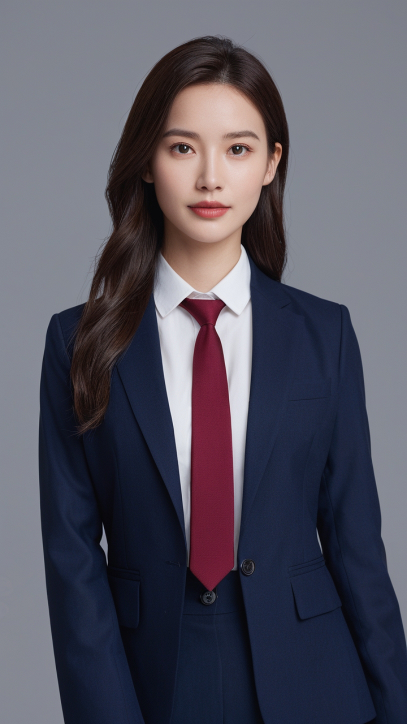 🔵深蓝色西装外套,👔白色衬衫与红色领带交相辉映,这位商务女性的