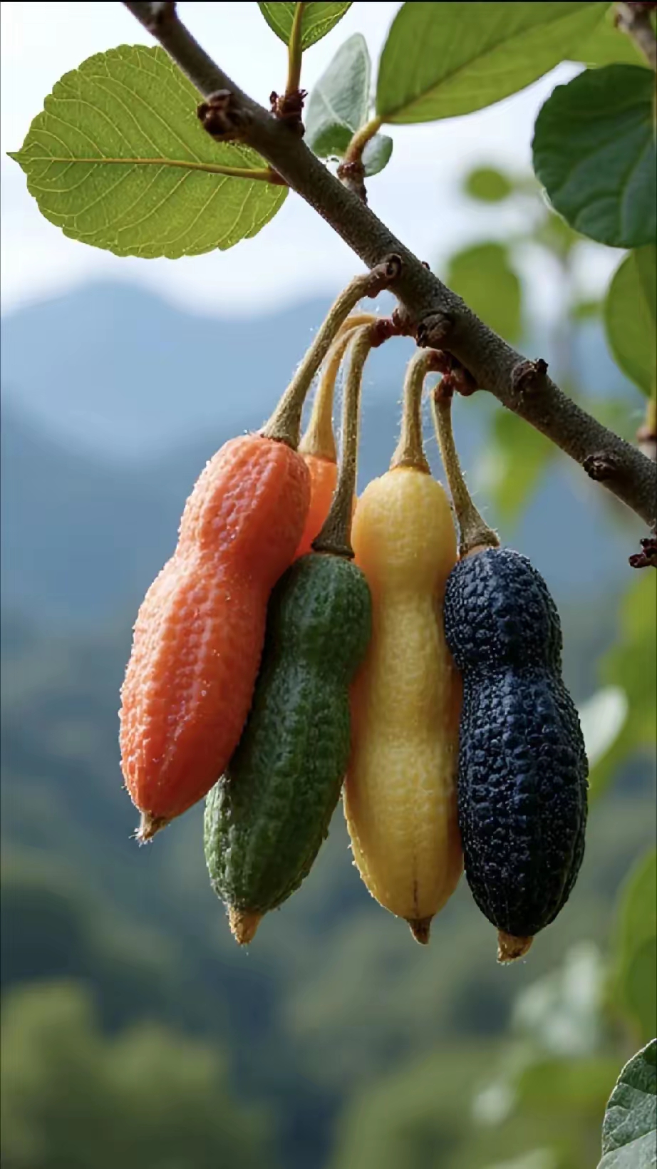 瞧,这树枝上挂着彩色的果实,样子长得像花生似的,到底它是个啥,好想去