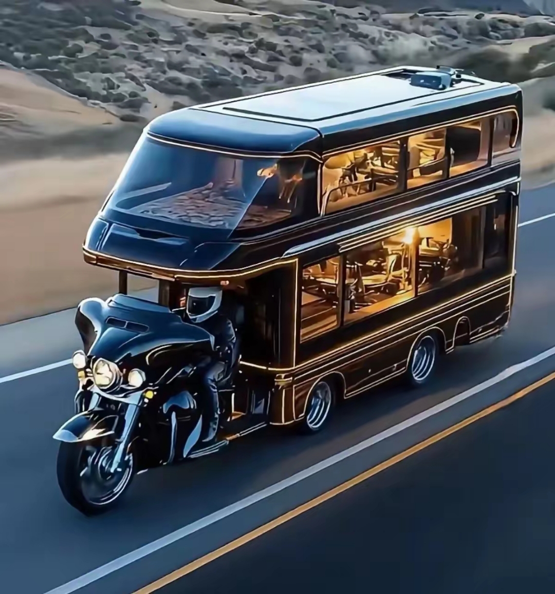 新车欣赏# 这黑摩托拖着个双层豪华房车,太超前太酷了吧,是你喜欢的