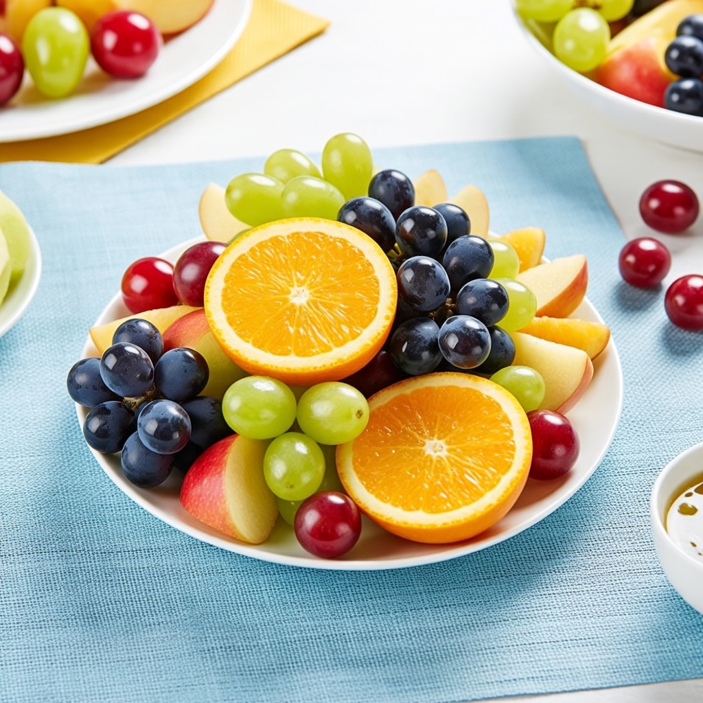 阳光透过玻璃洒在餐桌上,这盘夏日水果拼盘正闪着诱人的光泽