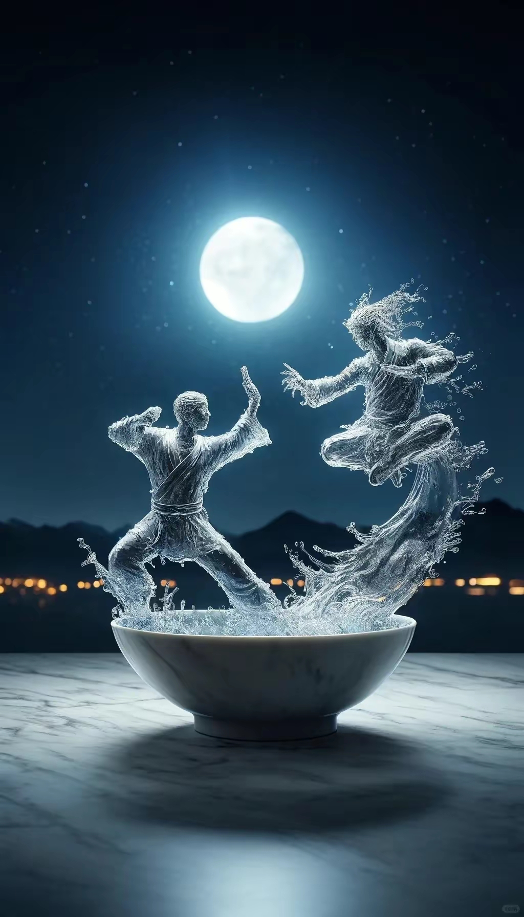 超现实武术对决,水花与月影共舞 累了喝杯功夫茶