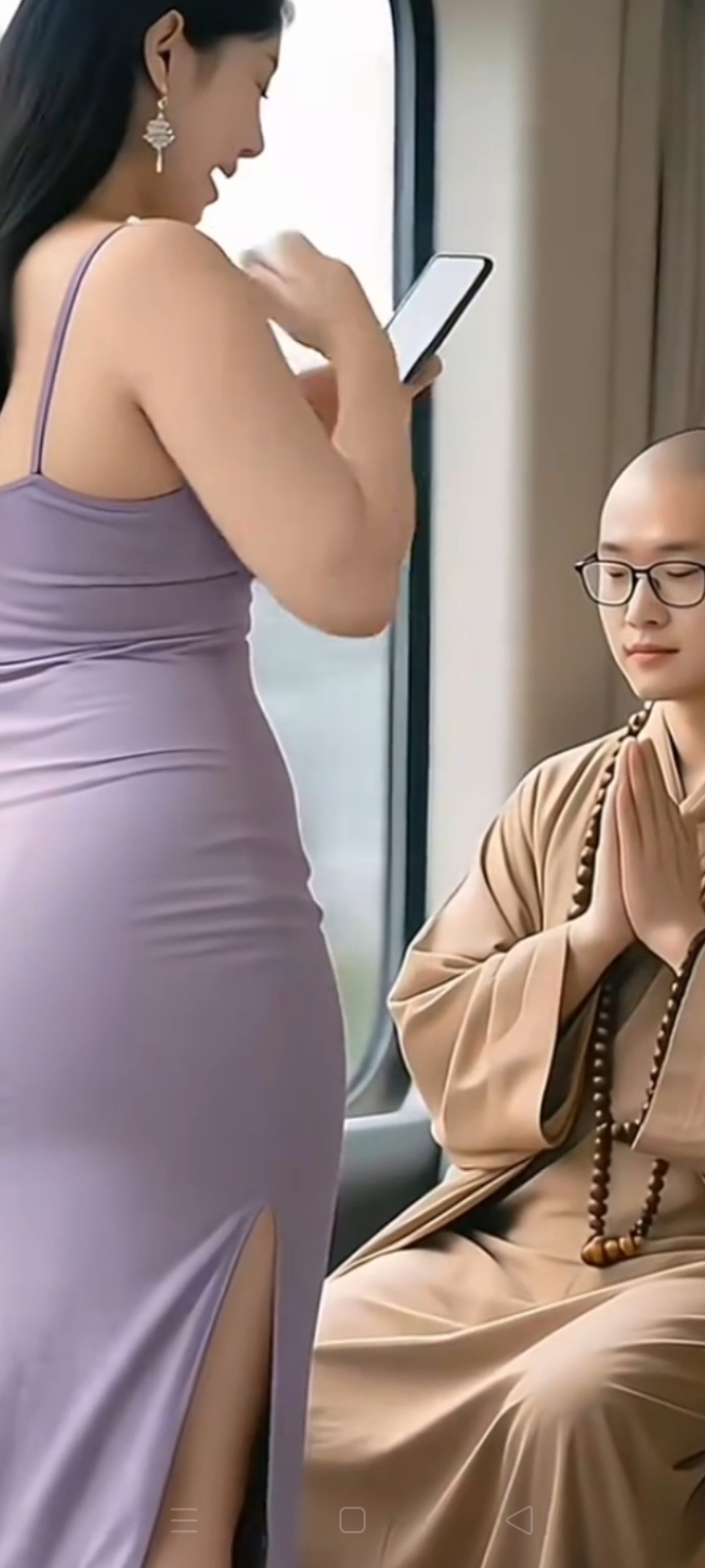 客车上,一位年轻僧人面对美女,双手合十,两眼微闭