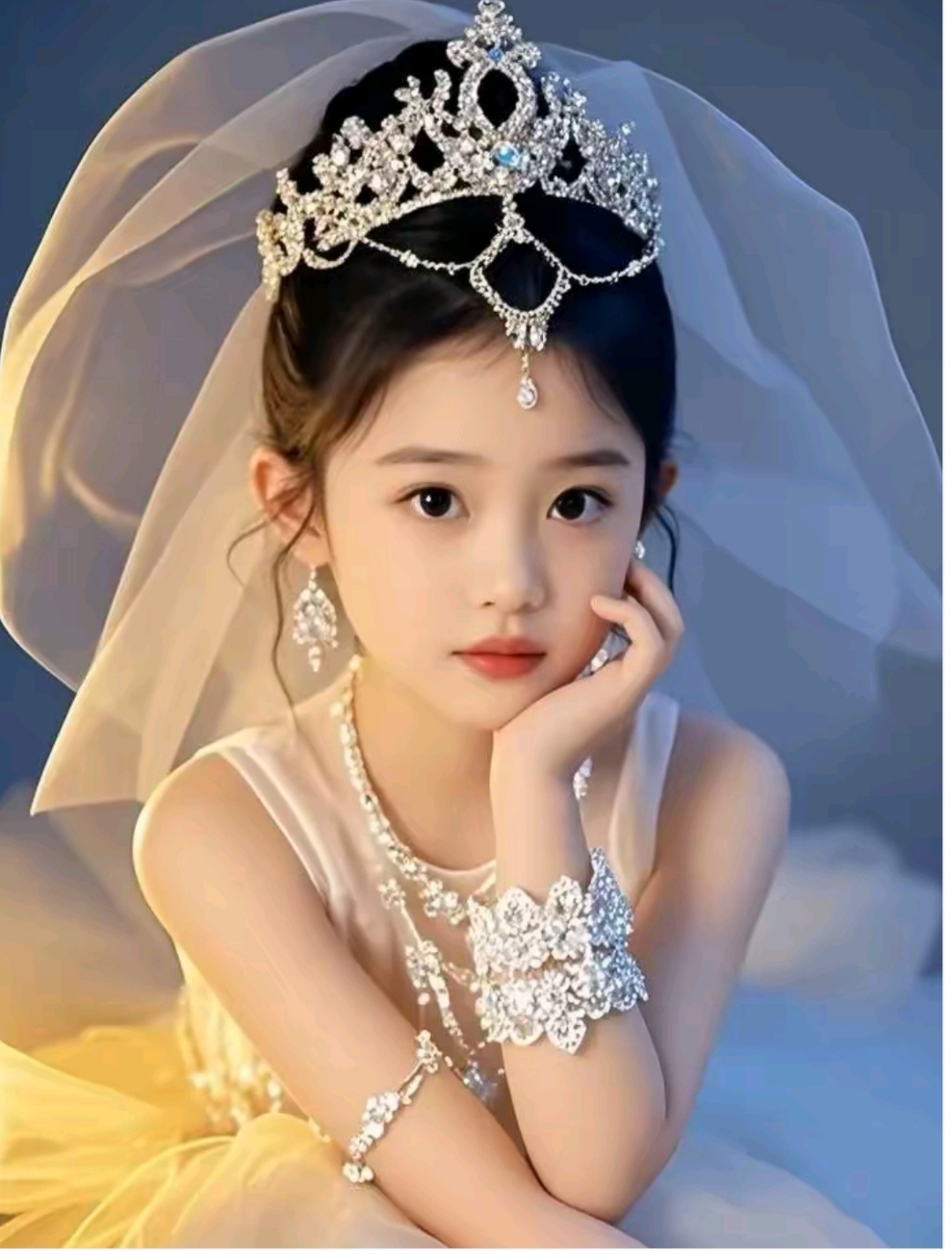 小公主头戴璀璨王冠,身披薄纱,眼眸纯真,安坐于绮梦,时光温柔以待