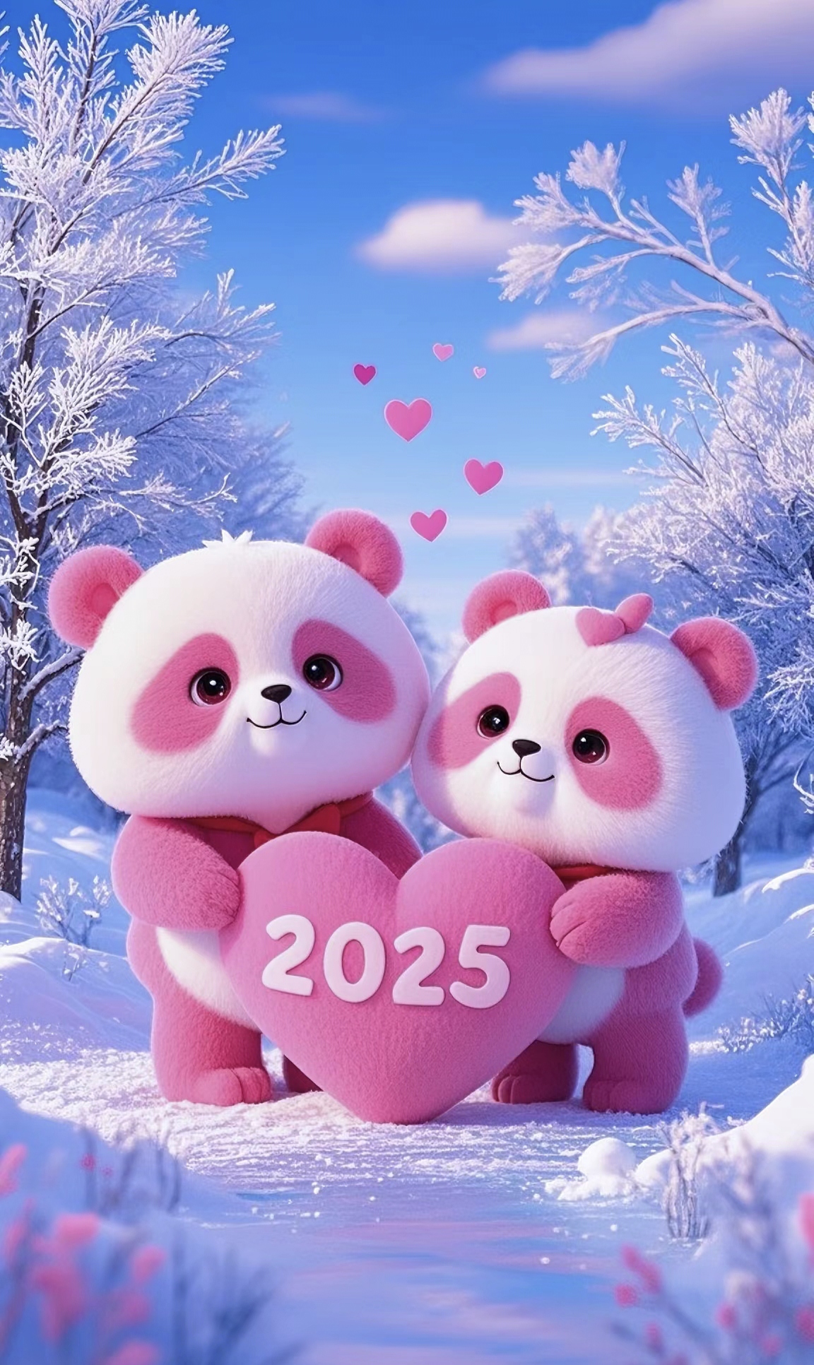 粉色熊猫陪你迎接2025 #粉色可爱熊猫#冬日雪景#唯美治愈系#壁纸分享