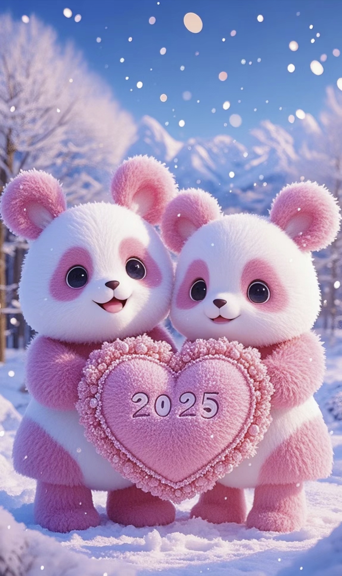 粉色熊猫陪你迎接2025 #粉色可爱熊猫#冬日雪景#唯美治愈系#壁纸分享