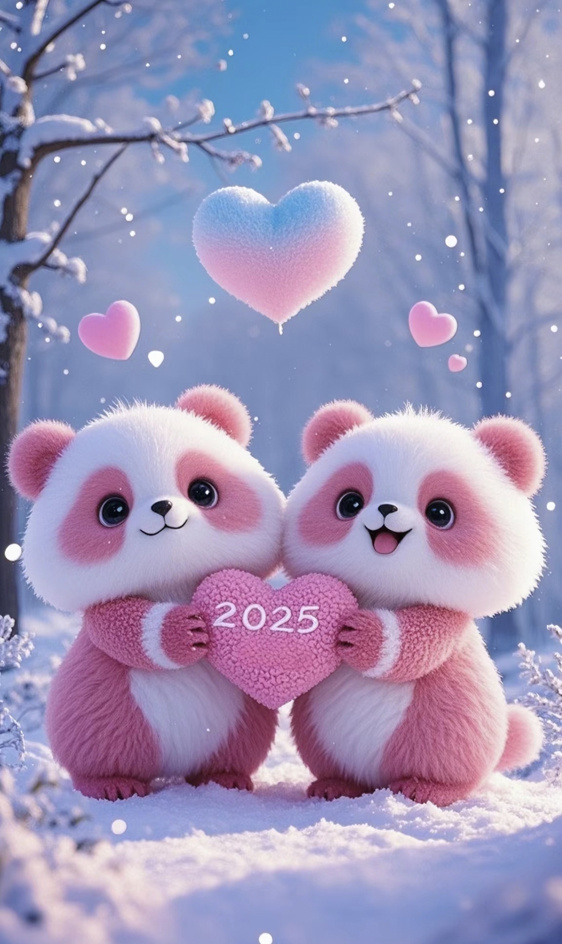 粉色熊猫陪你迎接2025 #粉色可爱熊猫#冬日雪景#唯美治愈系#壁纸分享
