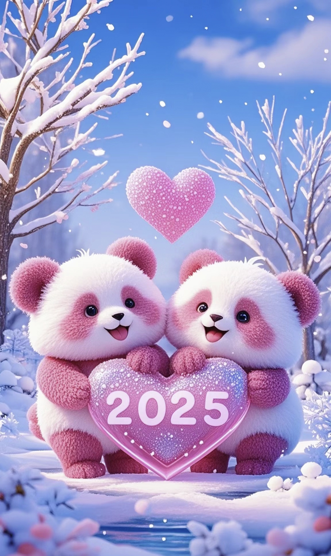 粉色熊猫陪你迎接2025 #粉色可爱熊猫#冬日雪景#唯美治愈系#壁纸分享