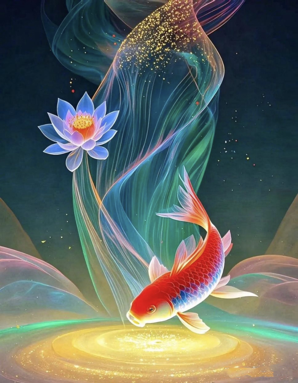 锦鲤绕金莲,吉运相伴,好运连连,瑞气盈门,年年有鱼,富贵吉祥,岁岁年年