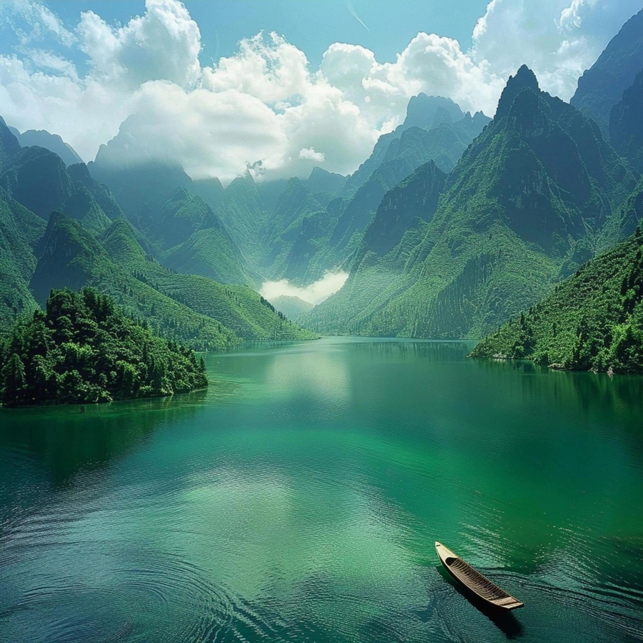 山青水绿,一叶小舟,悠然自得.  山青水静,让人安神的图片.