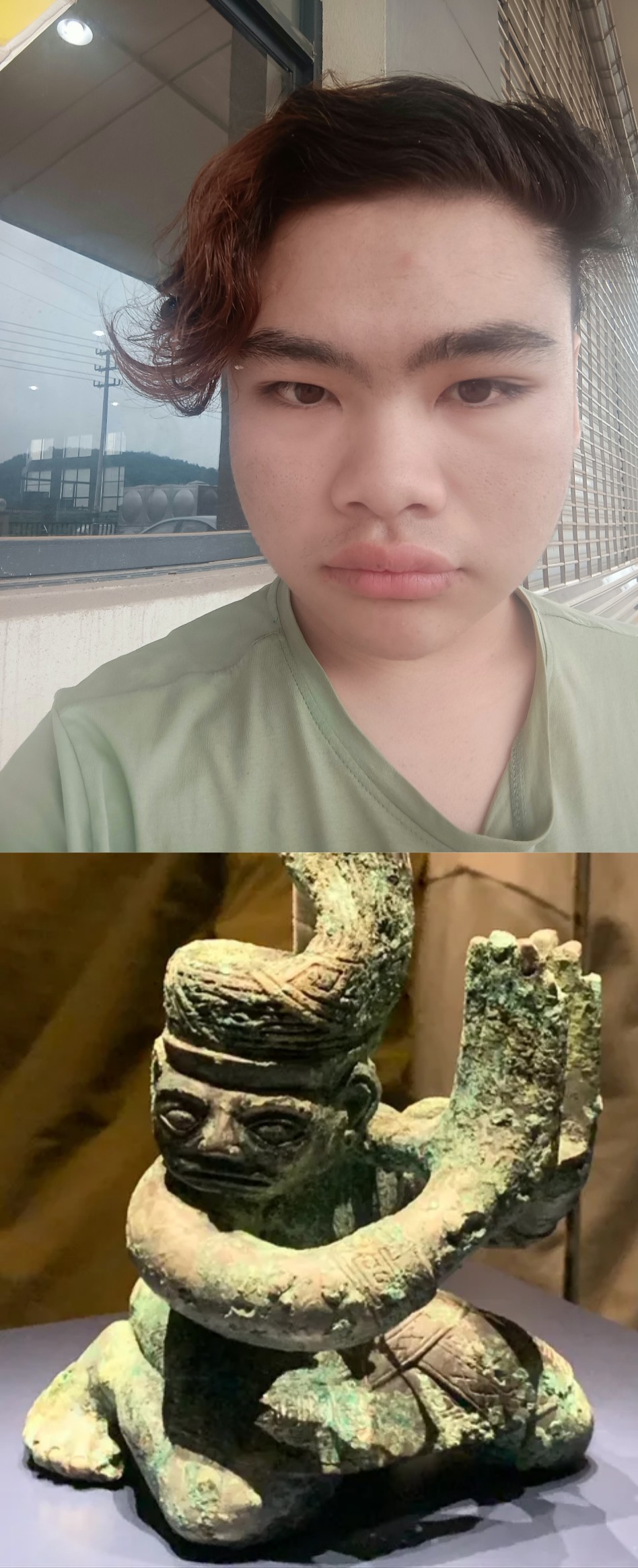 他,绿色t恤映衬下的自然卷,仿佛夏日微风轻拂过的稻