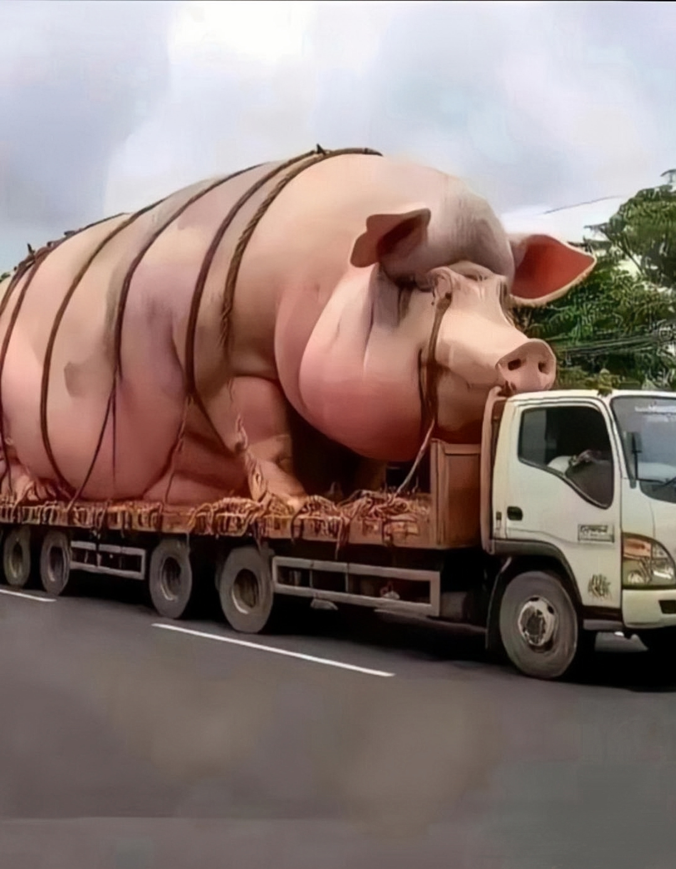 这庞然大物——巨型猪模型,稳坐于大卡车上,周身被坚韧的绳索紧紧束缚