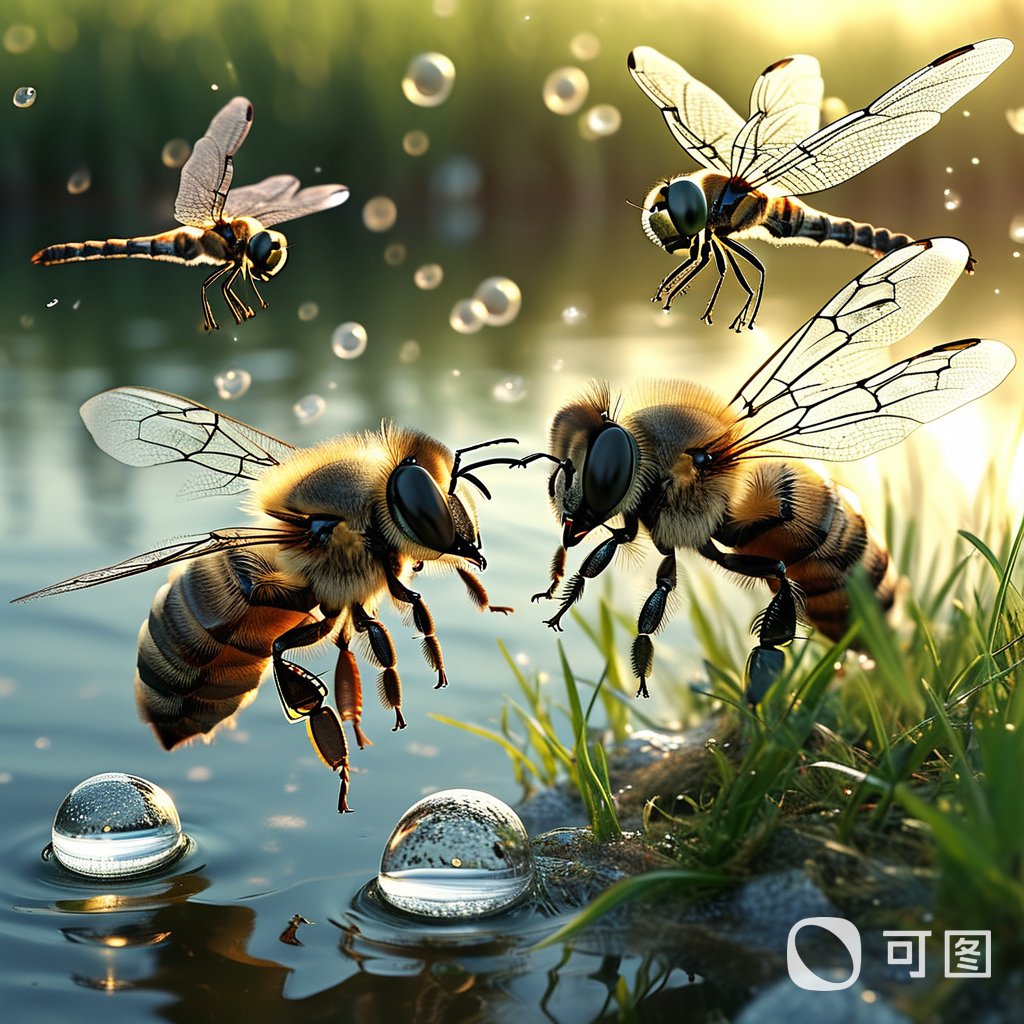 可图,捕捉自然界的小确幸,三只蜜蜂在晨光中飞舞,轻盈地掠过水面,溅起