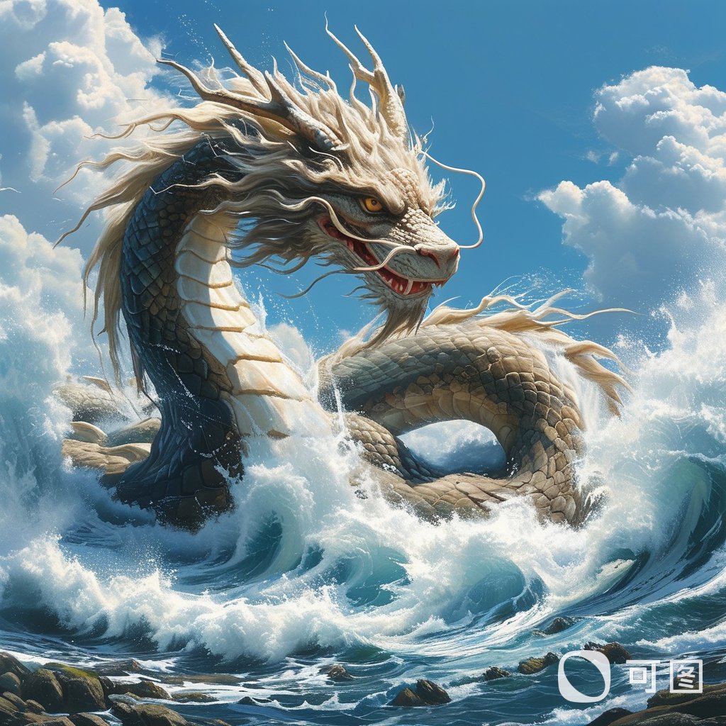 可图中的双龙在海浪中翻腾,气势磅礴,让人惊叹不已