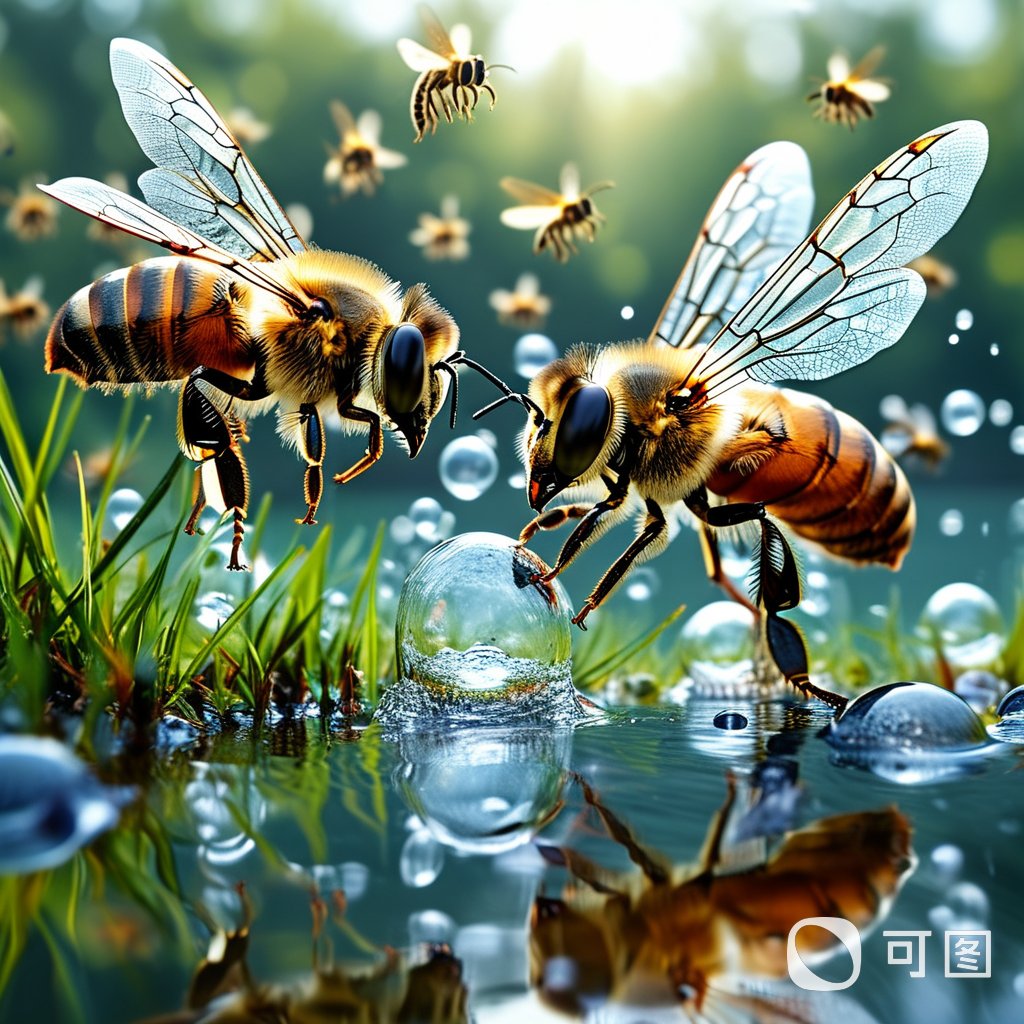 可图,捕捉自然界的小确幸,三只蜜蜂在晨光中飞舞,轻盈地掠过水面,溅起