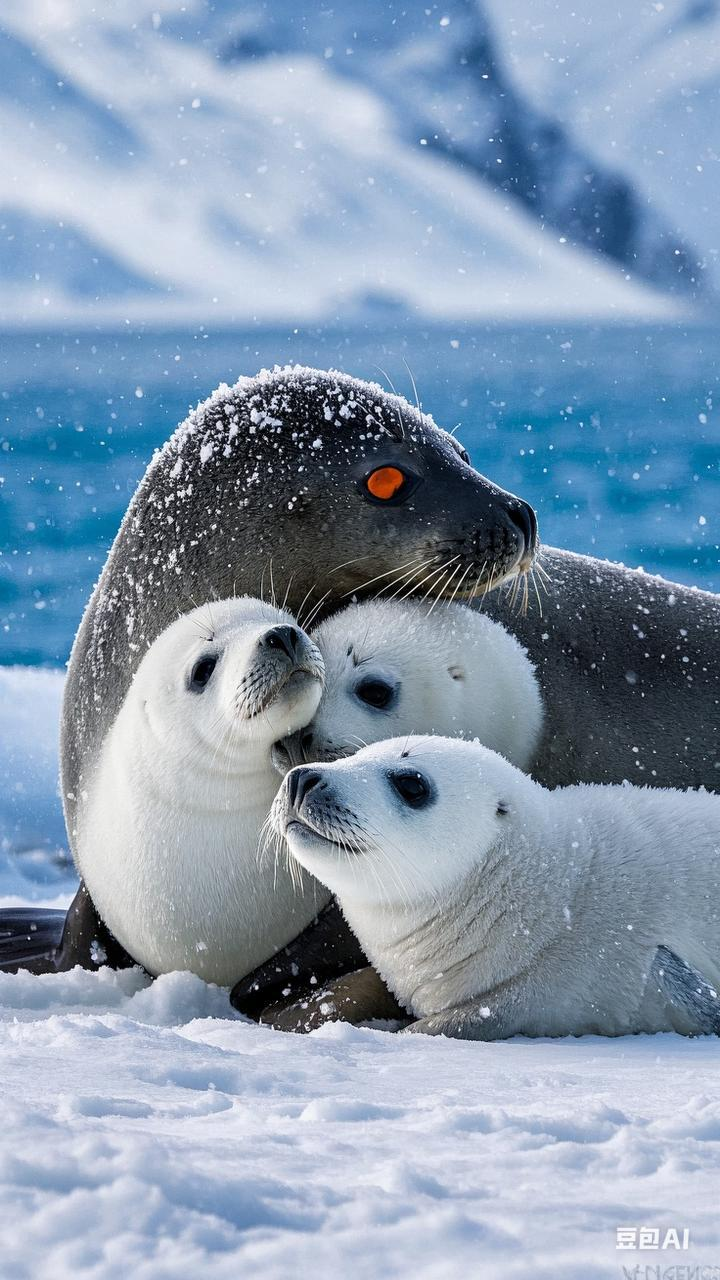在北极,#动态连更挑战# 一个下大雪的天气,一只海豹为三只小海豹遮