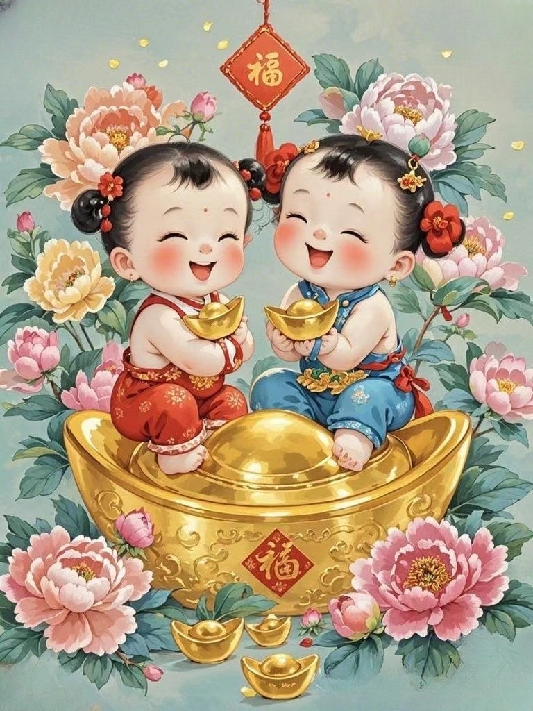 福娃笑坐元宝间, 金光熠熠兆丰年, 手握财宝迎好运, 福气满满乐无边